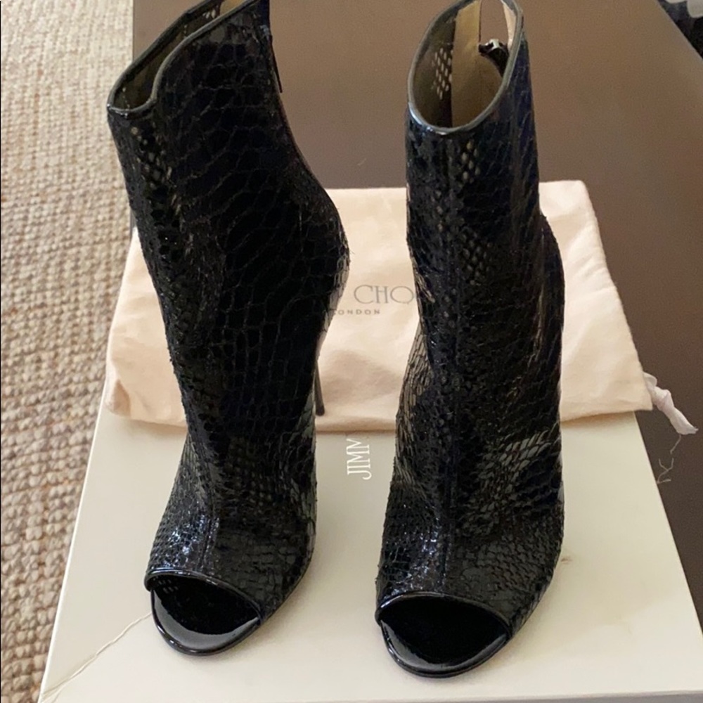 Jimmy Choo Black Snake Skin Fantasy Peep Booties